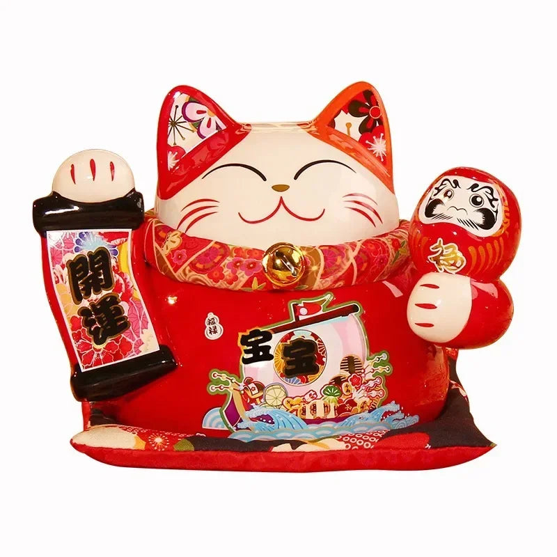 8 Inch Ceramic Maneki Neko Coin Bank Red Lucky Fortune Cat Daruma Money Box Home Decorative Ornament