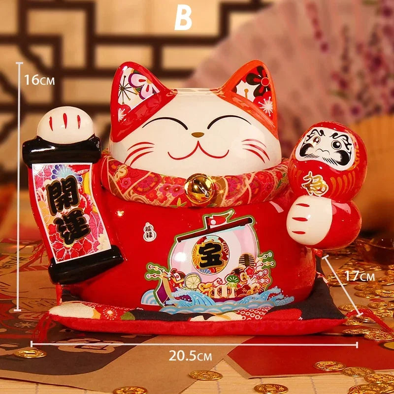 8 Inch Ceramic Maneki Neko Coin Bank Red Lucky Fortune Cat Daruma Money Box Home Decorative Ornament