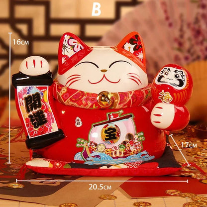 8 Inch Ceramic Maneki Neko Coin Bank Red Lucky Fortune Cat Daruma Money Box Home Decorative Ornament