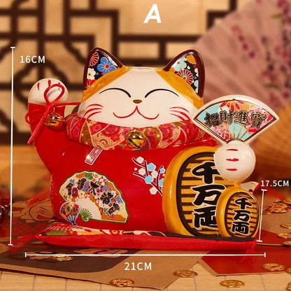 8 Inch Ceramic Maneki Neko Coin Bank Red Lucky Fortune Cat Daruma Money Box Home Decorative Ornament
