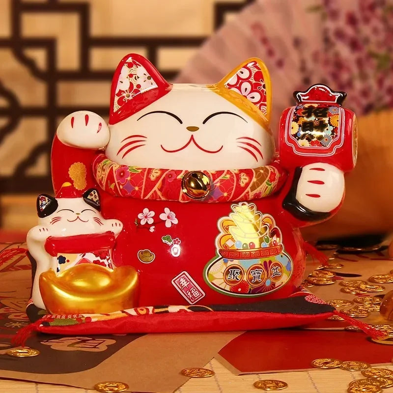 8 Inch Ceramic Maneki Neko Coin Bank Red Lucky Fortune Cat Daruma Money Box Home Decorative Ornament