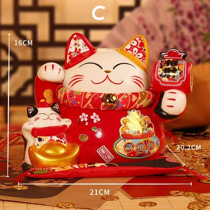 8 Inch Ceramic Maneki Neko Coin Bank Red Lucky Fortune Cat Daruma Money Box Home Decorative Ornament