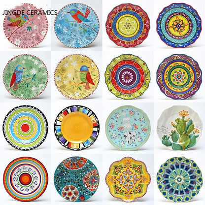 8 Inch Round Hand-painted Flower Ceramic Plate Fruit Salad Plate Dessert Steak Cuisine Kitchen Storage Decorative Tableware 1pc