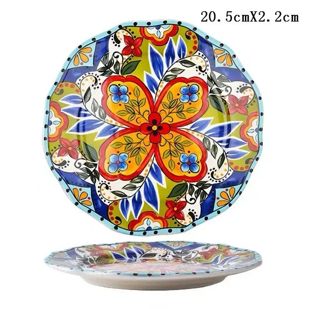 8 Inch Round Hand-painted Flower Ceramic Plate Fruit Salad Plate Dessert Steak Cuisine Kitchen Storage Decorative Tableware 1pc
