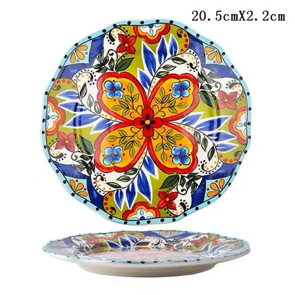 8 Inch Round Hand-painted Flower Ceramic Plate Fruit Salad Plate Dessert Steak Cuisine Kitchen Storage Decorative Tableware 1pc