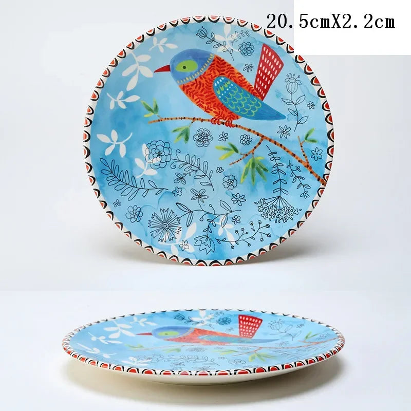 8 Inch Round Hand-painted Flower Ceramic Plate Fruit Salad Plate Dessert Steak Cuisine Kitchen Storage Decorative Tableware 1pc