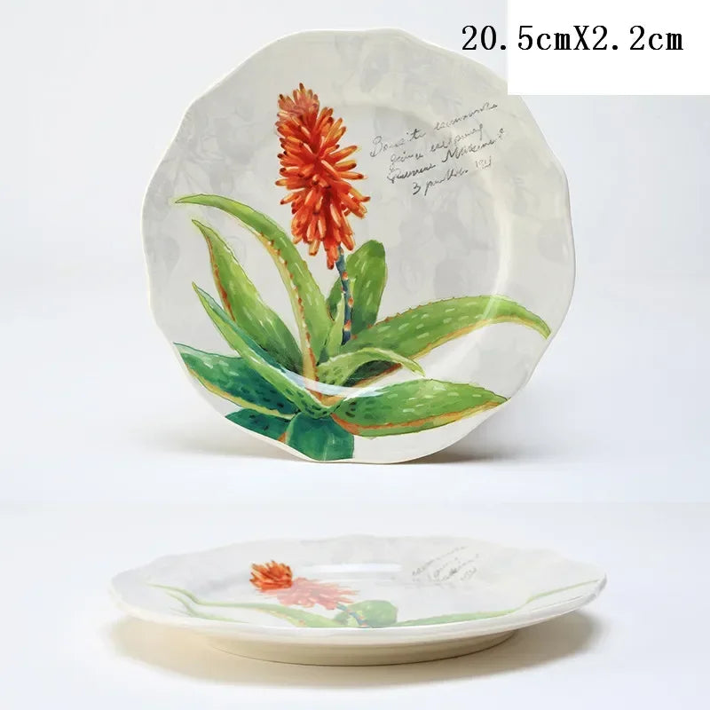 8 Inch Round Hand-painted Flower Ceramic Plate Fruit Salad Plate Dessert Steak Cuisine Kitchen Storage Decorative Tableware 1pc