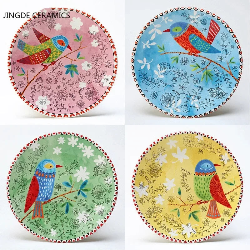 8 Inch Round Hand-painted Flower Ceramic Plate Fruit Salad Plate Dessert Steak Cuisine Kitchen Storage Decorative Tableware 1pc