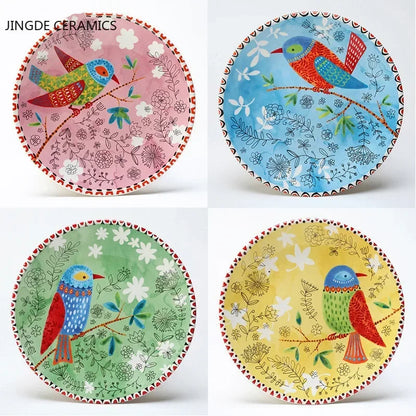8 Inch Round Hand-painted Flower Ceramic Plate Fruit Salad Plate Dessert Steak Cuisine Kitchen Storage Decorative Tableware 1pc