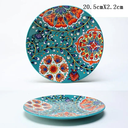 8 Inch Round Hand-painted Flower Ceramic Plate Fruit Salad Plate Dessert Steak Cuisine Kitchen Storage Decorative Tableware 1pc