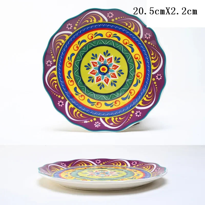 8 Inch Round Hand-painted Flower Ceramic Plate Fruit Salad Plate Dessert Steak Cuisine Kitchen Storage Decorative Tableware 1pc