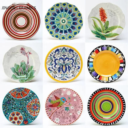 8 Inch Round Hand-painted Flower Ceramic Plate Fruit Salad Plate Dessert Steak Cuisine Kitchen Storage Decorative Tableware 1pc