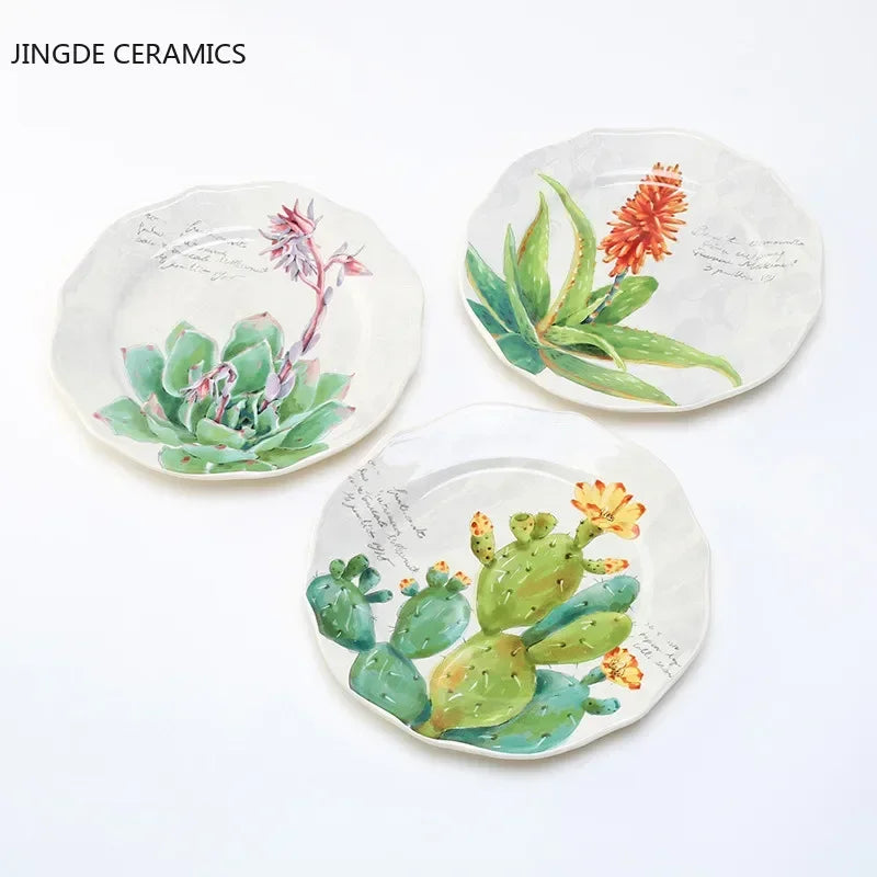 8 Inch Round Hand-painted Flower Ceramic Plate Fruit Salad Plate Dessert Steak Cuisine Kitchen Storage Decorative Tableware 1pc