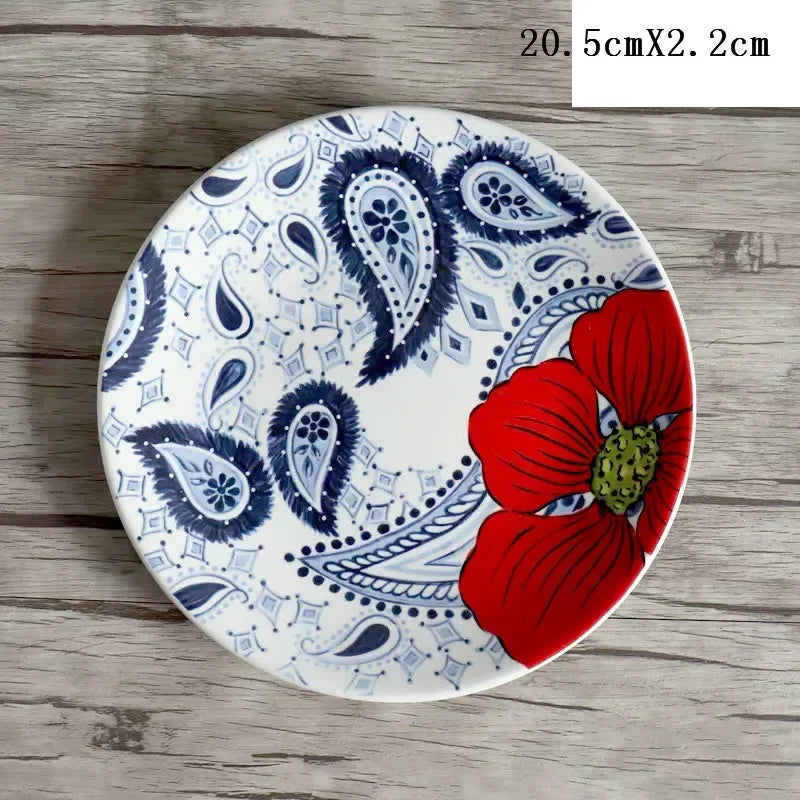 8 Inch Round Hand-painted Flower Ceramic Plate Fruit Salad Plate Dessert Steak Cuisine Kitchen Storage Decorative Tableware 1pc