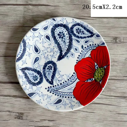 8 Inch Round Hand-painted Flower Ceramic Plate Fruit Salad Plate Dessert Steak Cuisine Kitchen Storage Decorative Tableware 1pc