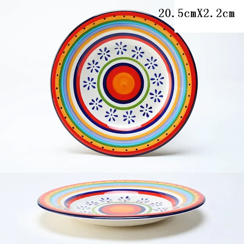 8 Inch Round Hand-painted Flower Ceramic Plate Fruit Salad Plate Dessert Steak Cuisine Kitchen Storage Decorative Tableware 1pc