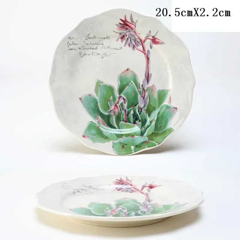 8 Inch Round Hand-painted Flower Ceramic Plate Fruit Salad Plate Dessert Steak Cuisine Kitchen Storage Decorative Tableware 1pc