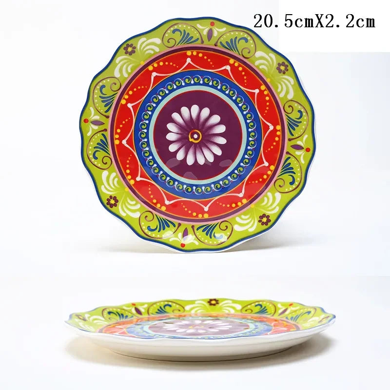 8 Inch Round Hand-painted Flower Ceramic Plate Fruit Salad Plate Dessert Steak Cuisine Kitchen Storage Decorative Tableware 1pc