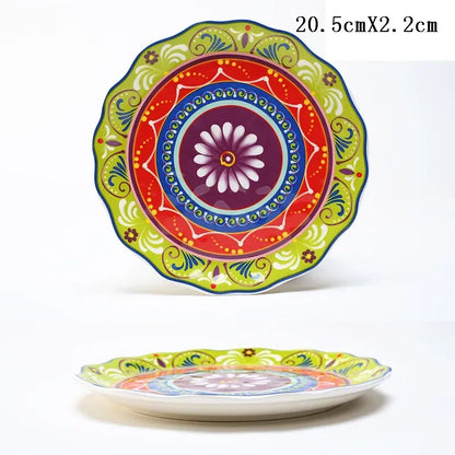 8 Inch Round Hand-painted Flower Ceramic Plate Fruit Salad Plate Dessert Steak Cuisine Kitchen Storage Decorative Tableware 1pc