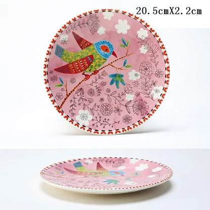 8 Inch Round Hand-painted Flower Ceramic Plate Fruit Salad Plate Dessert Steak Cuisine Kitchen Storage Decorative Tableware 1pc