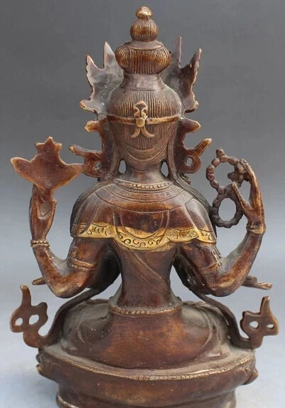 8" Old Tibet Buddhism Bronze Gilt 4 Arms Chenrezig Buddha Avalokiteshvara Statue