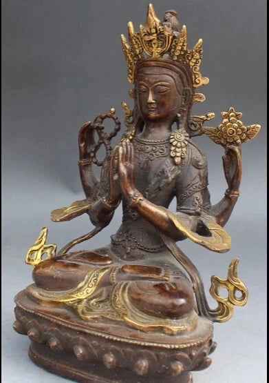 8" Old Tibet Buddhism Bronze Gilt 4 Arms Chenrezig Buddha Avalokiteshvara Statue