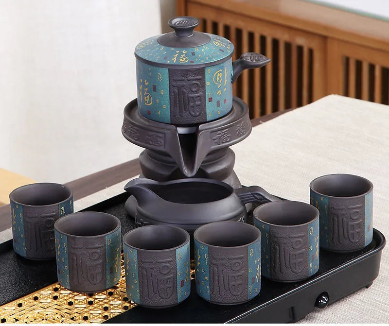 8 Pcs Set Semi Automatic Tea Sets Chinese  Ceramic Purple Clay Tea Set  Tea Cup The Kung Fu Teapot Set