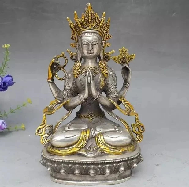 8" Tibet Buddhism Silver Gilt 4 arms Chenrezig Buddha Avalokiteshvara Statue