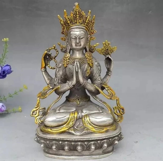 8" Tibet Buddhism Silver Gilt 4 arms Chenrezig Buddha Avalokiteshvara Statue