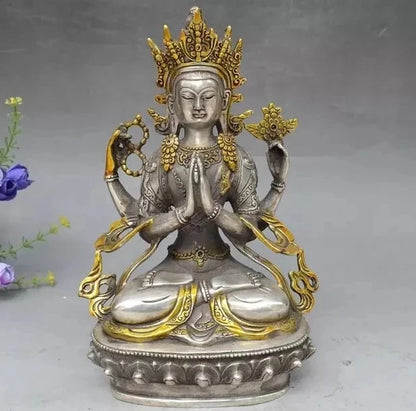 8" Tibet Buddhism Silver Gilt 4 arms Chenrezig Buddha Avalokiteshvara Statue
