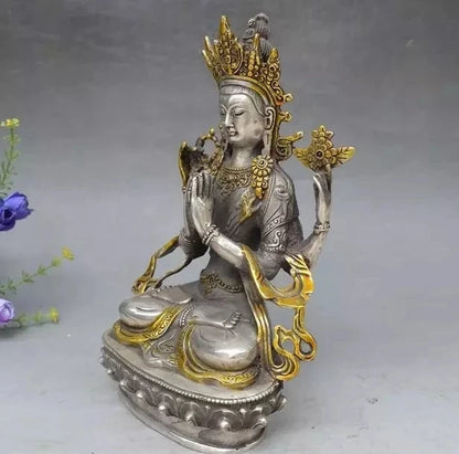 8" Tibet Buddhism Silver Gilt 4 arms Chenrezig Buddha Avalokiteshvara Statue