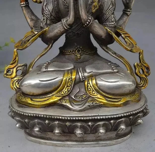 8" Tibet Buddhism Silver Gilt 4 arms Chenrezig Buddha Avalokiteshvara Statue