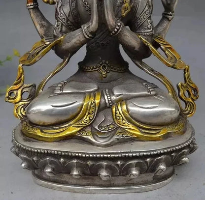 8" Tibet Buddhism Silver Gilt 4 arms Chenrezig Buddha Avalokiteshvara Statue