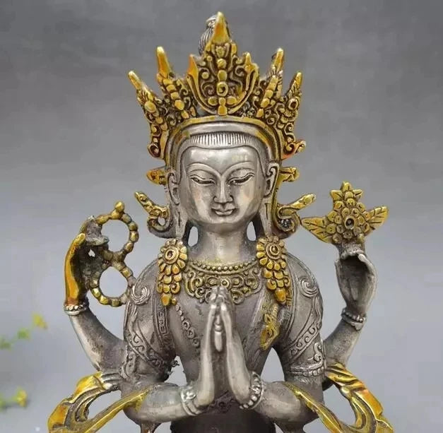 8" Tibet Buddhism Silver Gilt 4 arms Chenrezig Buddha Avalokiteshvara Statue