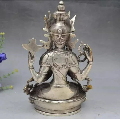 8" Tibet Buddhism Silver Gilt 4 arms Chenrezig Buddha Avalokiteshvara Statue