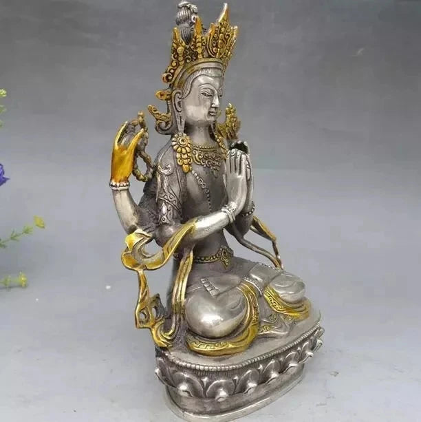 8" Tibet Buddhism Silver Gilt 4 arms Chenrezig Buddha Avalokiteshvara Statue