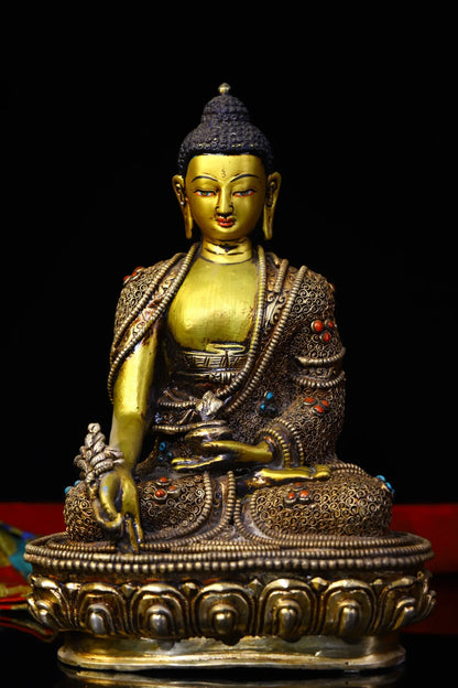 8"Tibet Temple Collection Old Bronze Outline in gold Filigree mosaic Gem Medicine Buddha Sitting Buddha Worship Hall Town house