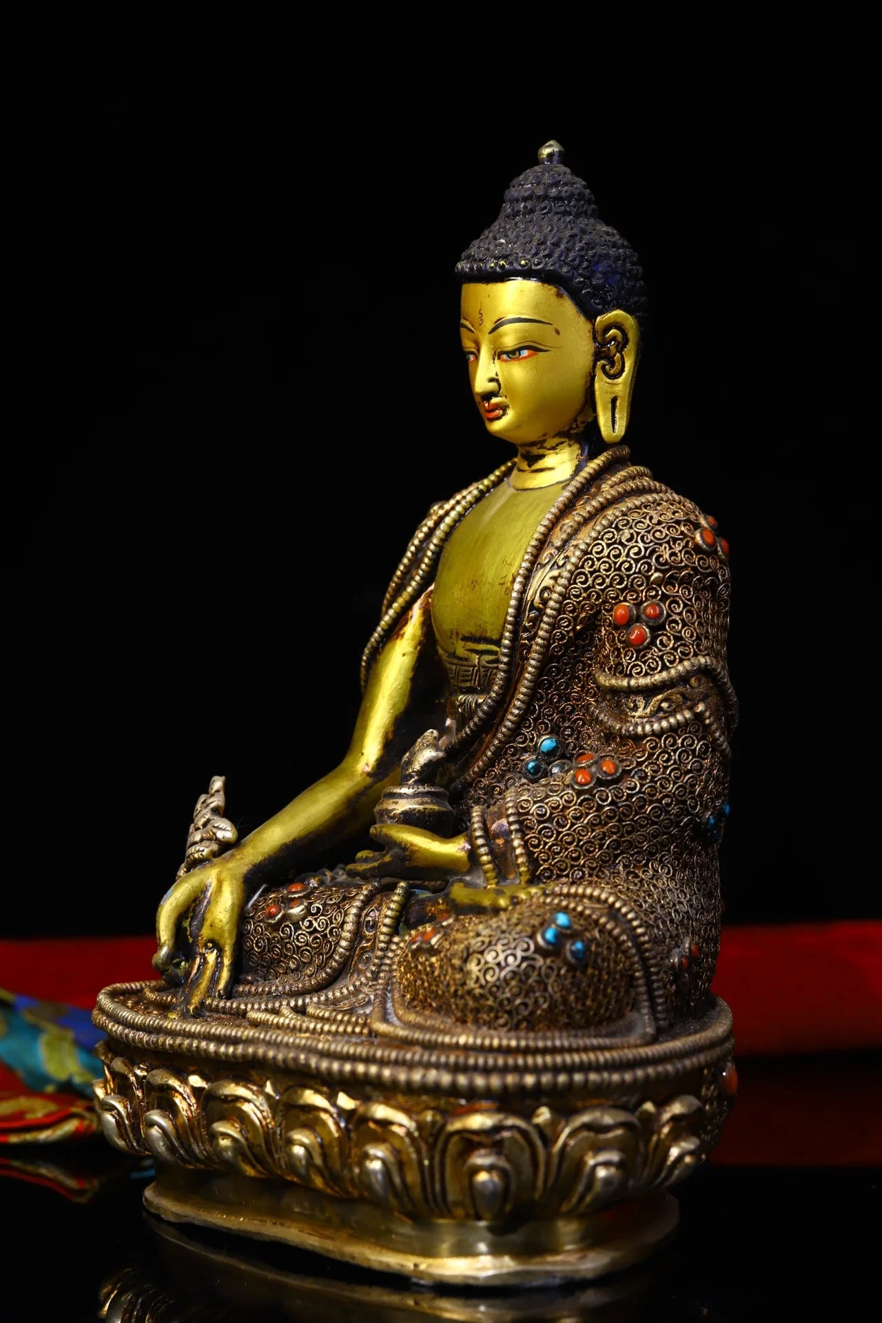 8"Tibet Temple Collection Old Bronze Outline in gold Filigree mosaic Gem Medicine Buddha Sitting Buddha Worship Hall Town house