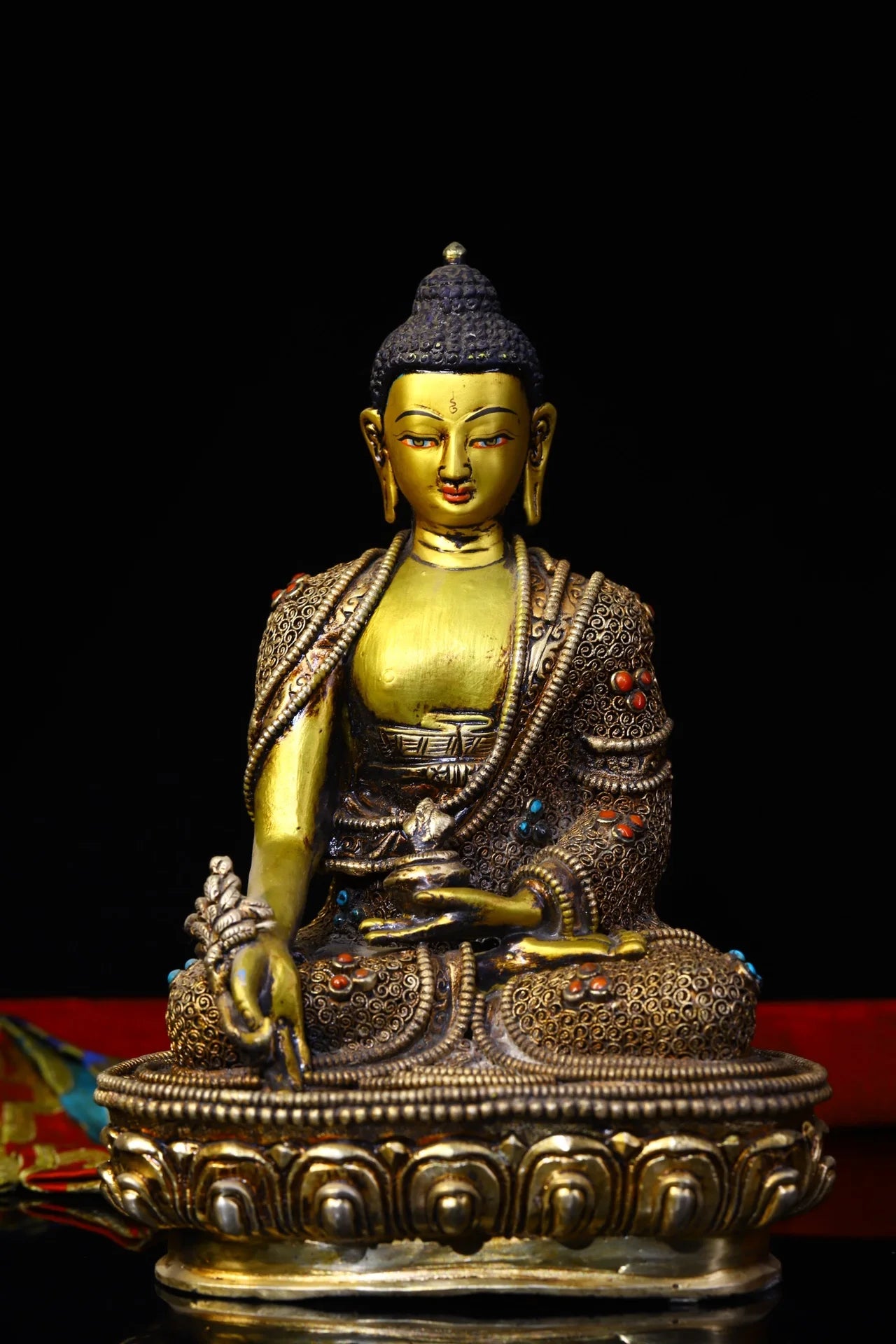 8"Tibet Temple Collection Old Bronze Outline in gold Filigree mosaic Gem Medicine Buddha Sitting Buddha Worship Hall Town house