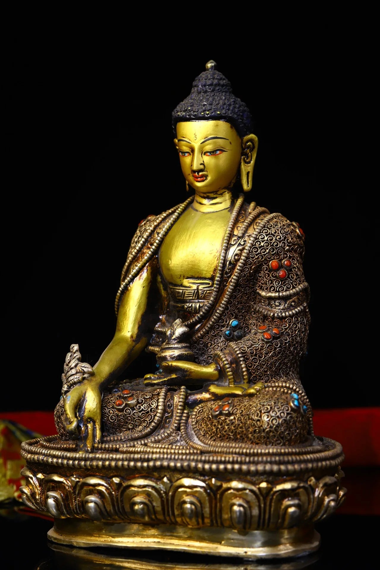 8"Tibet Temple Collection Old Bronze Outline in gold Filigree mosaic Gem Medicine Buddha Sitting Buddha Worship Hall Town house