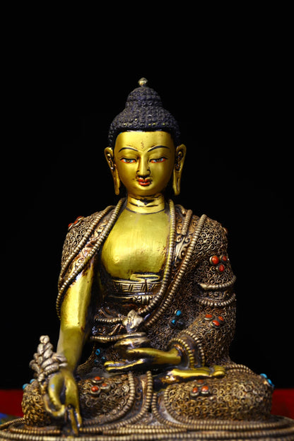 8"Tibet Temple Collection Old Bronze Outline in gold Filigree mosaic Gem Medicine Buddha Sitting Buddha Worship Hall Town house