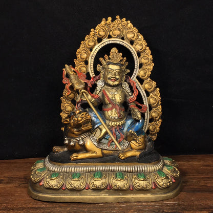 8"Tibet Temple Collection Old Bronze painting Treasure King Huang Caishen Lion riding Back light Sitting Buddha Town House
