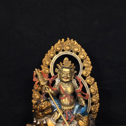 8"Tibet Temple Collection Old Bronze painting Treasure King Huang Caishen Lion riding Back light Sitting Buddha Town House