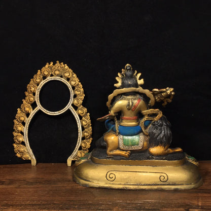 8"Tibet Temple Collection Old Bronze painting Treasure King Huang Caishen Lion riding Back light Sitting Buddha Town House