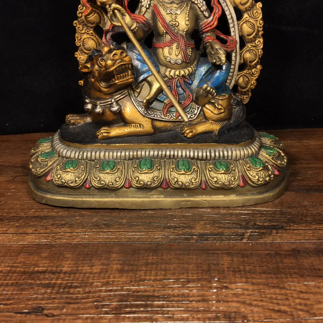 8"Tibet Temple Collection Old Bronze painting Treasure King Huang Caishen Lion riding Back light Sitting Buddha Town House