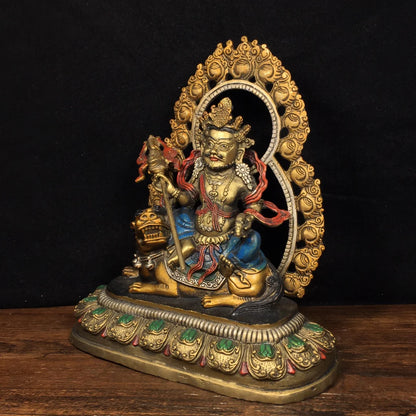8"Tibet Temple Collection Old Bronze painting Treasure King Huang Caishen Lion riding Back light Sitting Buddha Town House