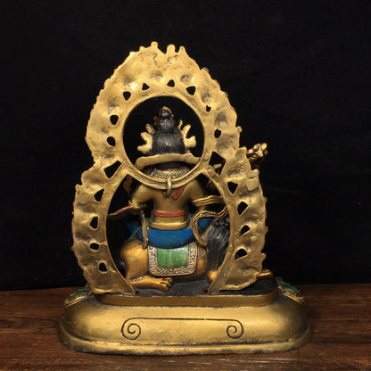 8"Tibet Temple Collection Old Bronze painting Treasure King Huang Caishen Lion riding Back light Sitting Buddha Town House