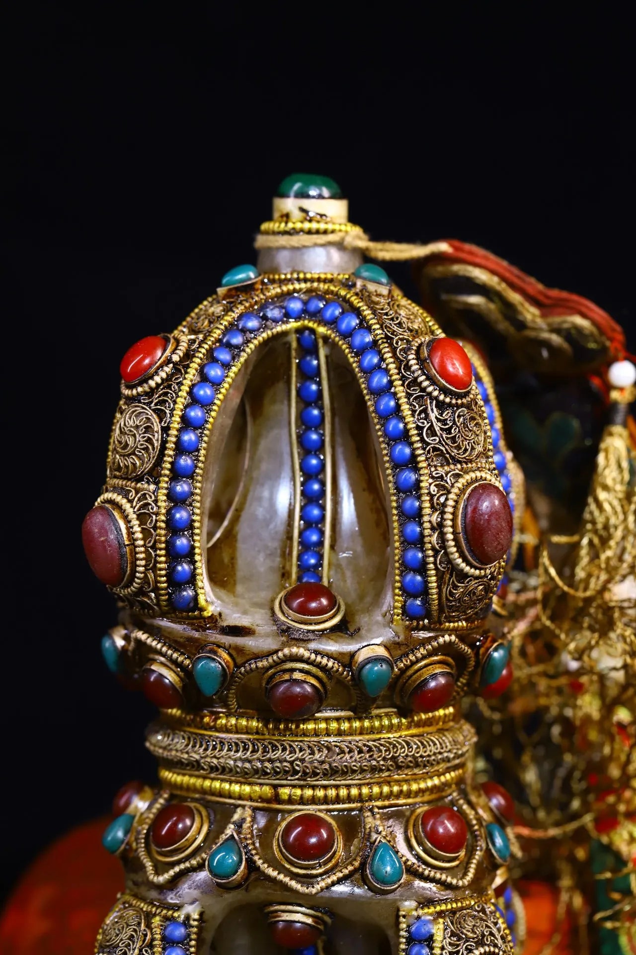 8"Tibet Temple Collection Old Natural Crystal Mosaic Gem Tibetan silver filigree Vajra Amulet Dharma Worship Hall Town house