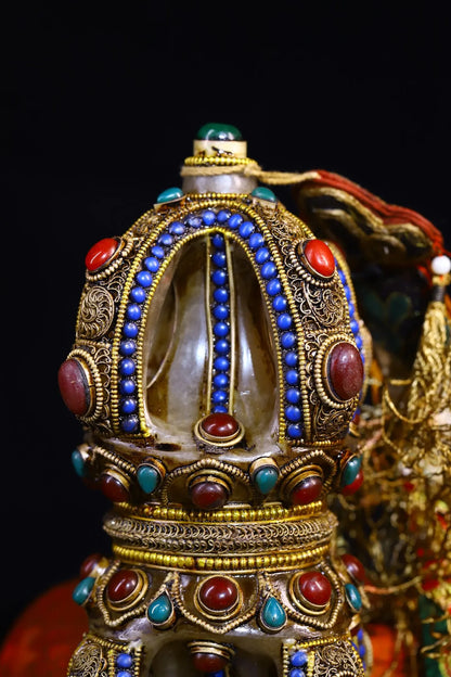 8"Tibet Temple Collection Old Natural Crystal Mosaic Gem Tibetan silver filigree Vajra Amulet Dharma Worship Hall Town house