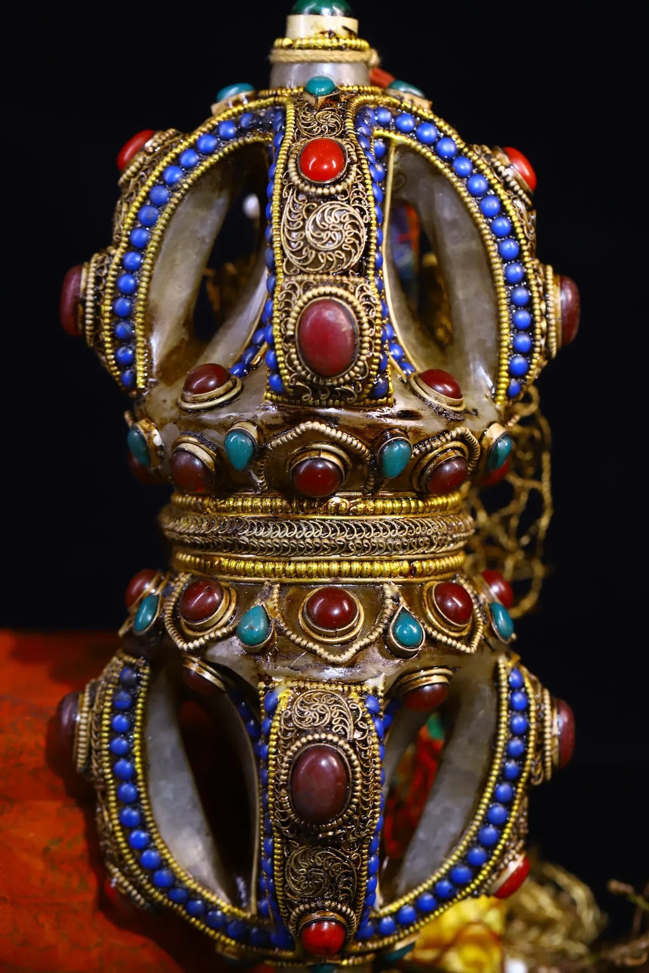 8"Tibet Temple Collection Old Natural Crystal Mosaic Gem Tibetan silver filigree Vajra Amulet Dharma Worship Hall Town house